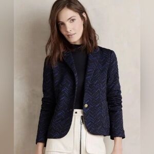 Anthropologie Cartonnier Blue and Black Chevron One Button Blazer- Sz. 2
